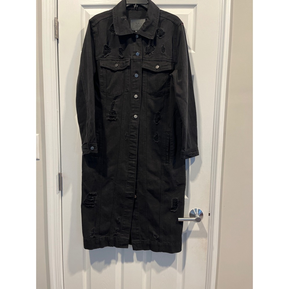BBJ Los Angeles Black Distressed Denim Duster Jacket Longline Ripped Coat Large